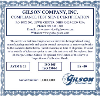 Test Sieve Certificate of Compliance