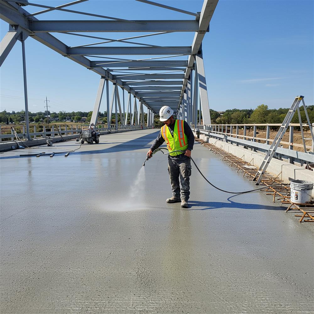 Construction worker spraying clear sealer