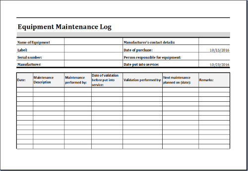 Equipment Maintenance Log