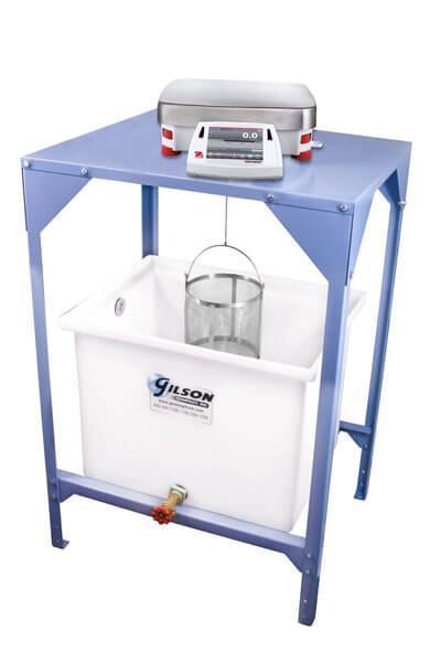 Specific Gravity Bench  shown with optional 30 Gallon Water Tank, Ohaus Balance & Wire Basket