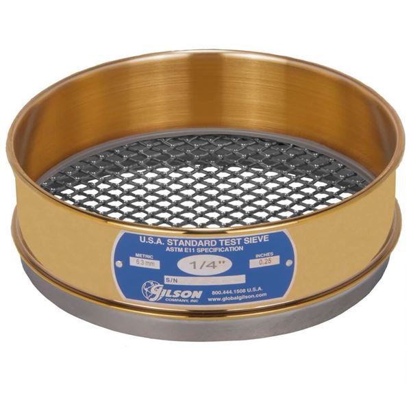 8" Sieve, Brass/Stainless, Full-Height, 1/4"
