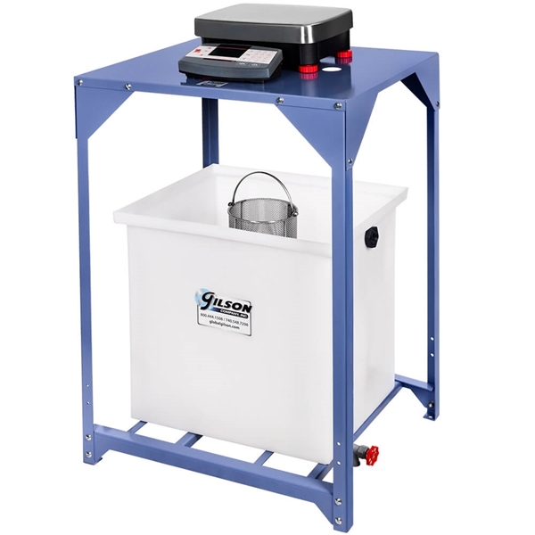 Specific Gravity Bench shown with 30 Gallon Water Tank, Ohaus Balance & Wire Basket