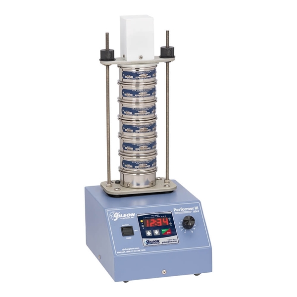 Gilson 3in Vibratory Sieve Shaker shown with ASTM 3in Test Sieves and Pan (Sieves and Pan sold separately)